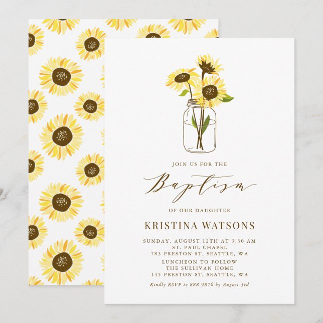 Yellow Sunflowers in Mason Jar Summer Baptism Invitation (Front/Back)