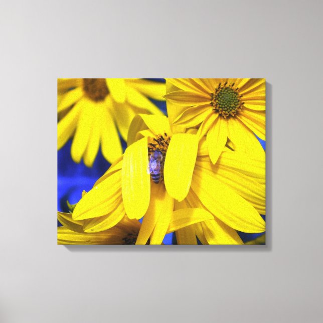 Yellow Sunflowers N Blue Bee Wrapped Canvas Print (Front)