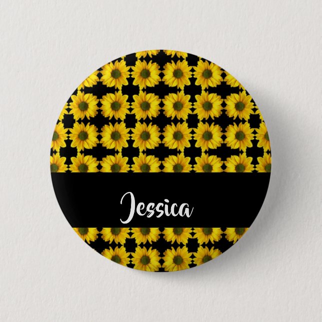 Yellow sunflowers on black 2 inch round button (Front)