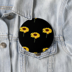 Yellow sunflowers on black 4 inch round button