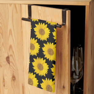 Yellow Sunflowers on Black Background Kitchen Towel