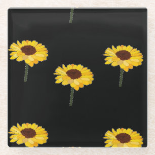 Yellow sunflowers on black glass coaster