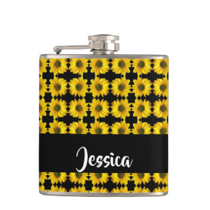 Yellow sunflowers on black hip flask