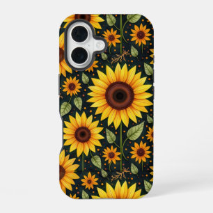 Yellow Sunflowers On Black iPhone 16 Case