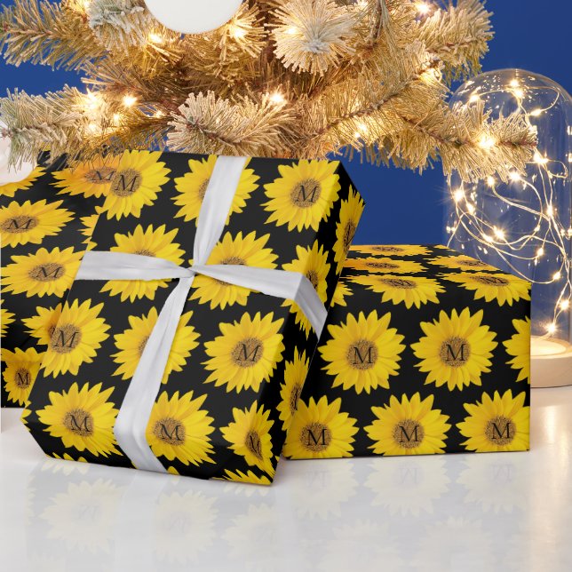 Yellow Sunflowers on Black Monogram Wrapping Paper (Holidays)