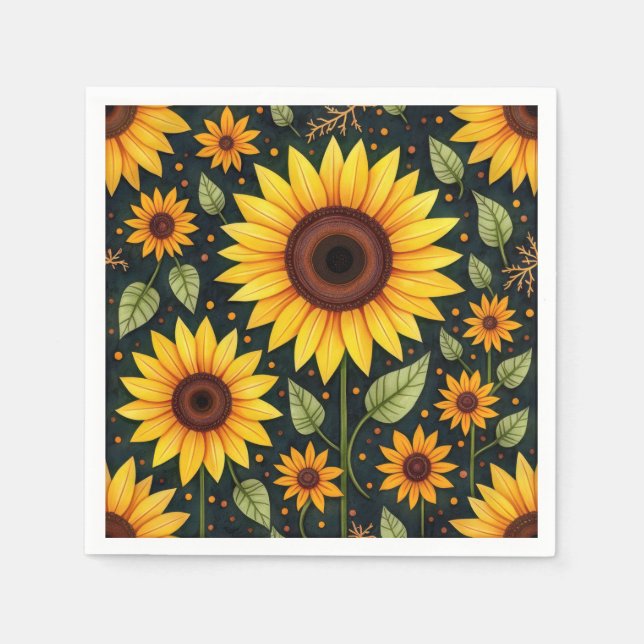 Yellow Sunflowers On Black Napkin (Front)