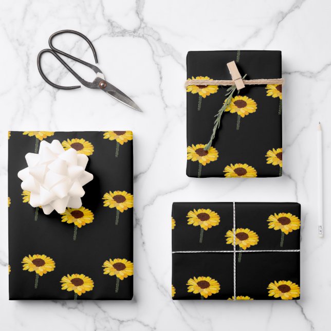 Yellow sunflowers on black wrapping paper sheet (Front)
