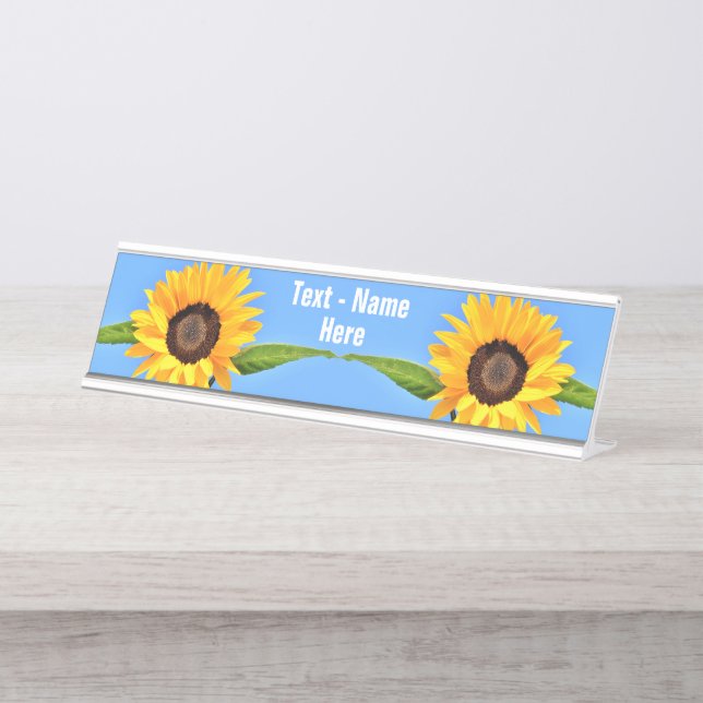 Yellow Sunflowers on Blue Sky - Your Text Desk Name Plate (Front)