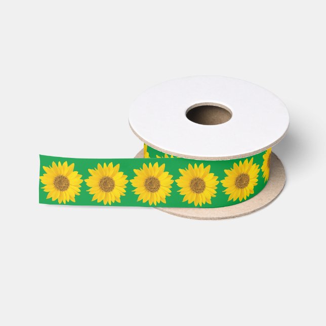 Yellow Sunflowers on Green Satin Ribbon (Spool)