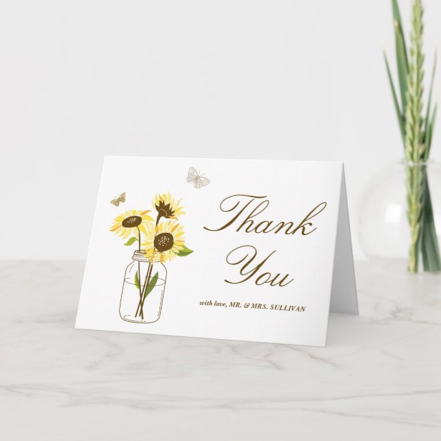 Yellow Sunflowers on Mason Jar Wedding Thank You (Front)