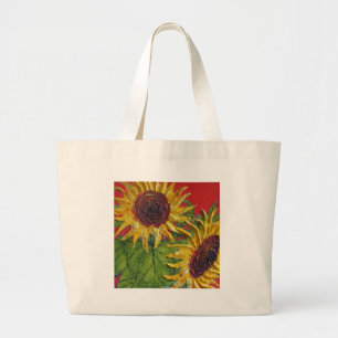 Yellow Sunflowers on Red Large Tote Bag