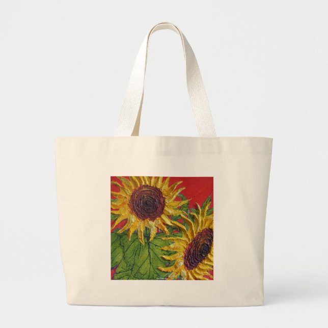 Yellow Sunflowers on Red Large Tote Bag (Front)