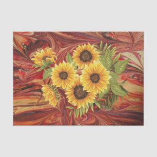 Yellow Sunflowers on Red Marble Decoupage Tissue P Tissue Paper
