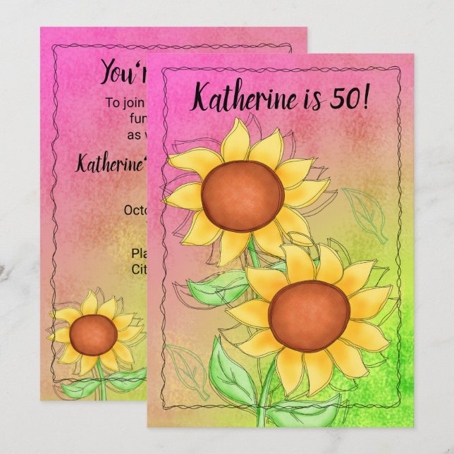 Yellow Sunflowers on Textured Pink Green Floral Invitation (Front/Back)
