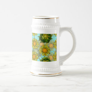 Yellow Sunflowers Pattern with Foliage and Buds Beer Stein