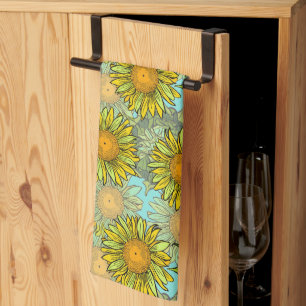 Yellow Sunflowers Pattern with Foliage and Buds Kitchen Towel