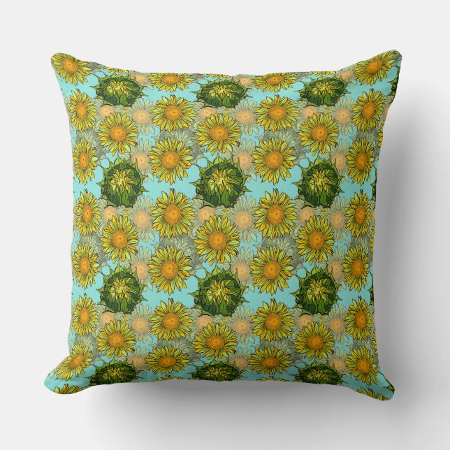 Yellow Sunflowers Pattern with Foliage and Buds    Throw Pillow (Front)