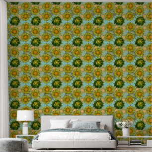 Yellow Sunflowers Pattern with Foliage and Buds Wallpaper