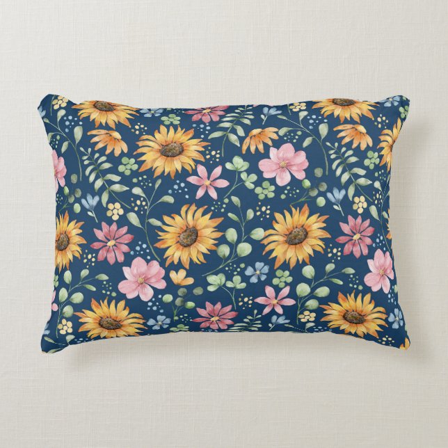 Yellow Sunflowers Pink Floral Blue Throw Accent Pillow (Front)