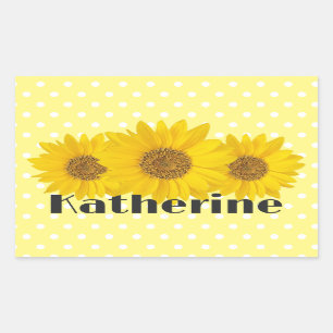 Yellow Sunflowers Polka Dots Custom Name Sticker