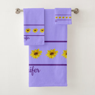 Yellow Sunflowers Purple Borders on Light Purple Bath Towel Set