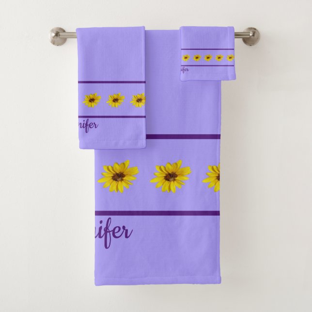 Yellow Sunflowers Purple Borders on Light Purple Bath Towel Set (Insitu)