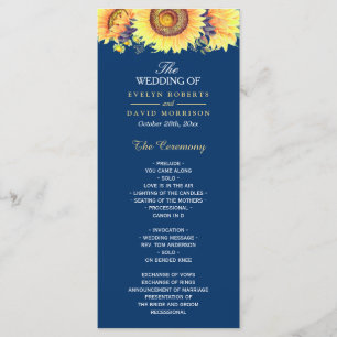 Yellow Sunflowers Rustic Navy Blue Wedding Program