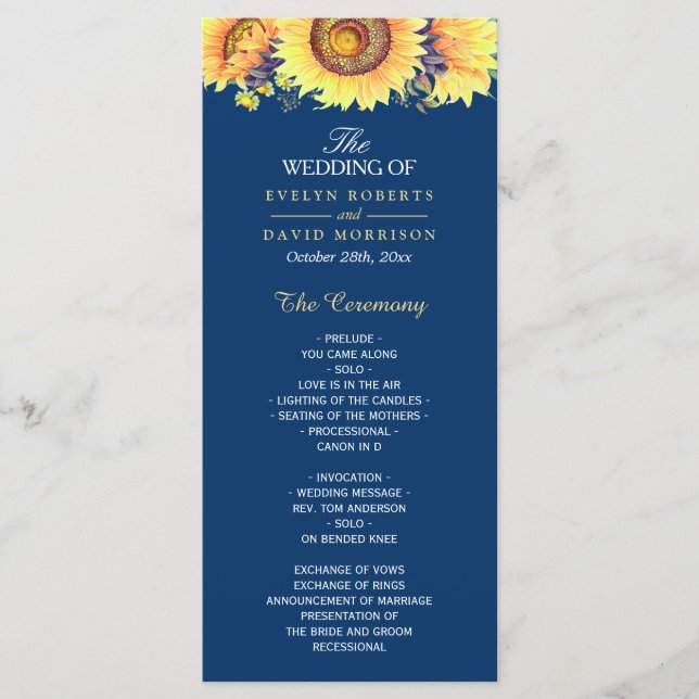 Yellow Sunflowers Rustic Navy Blue Wedding Program (Front)