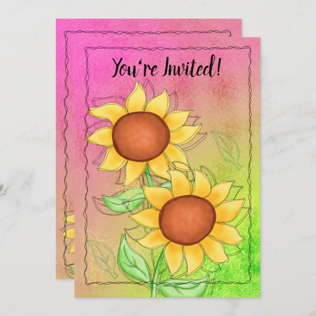 Yellow Sunflowers Textured Pink Green Anniversary Invitation (Front/Back)