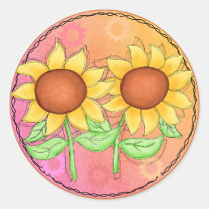 Yellow Sunflowers Textured Pink Green Floral Classic Round Sticker