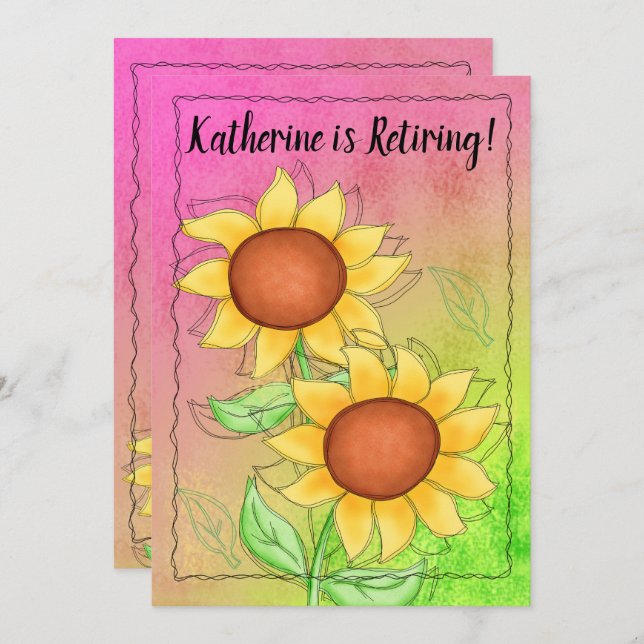 Yellow Sunflowers Textured Pink Green Retirement Invitation (Front/Back)