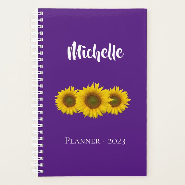 Yellow Sunflowers Trendy Purple Floral Planner (Front)