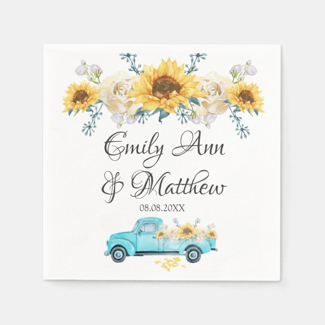 Yellow Sunflowers Turquoise Vintage Truck Wedding Napkin (Front)