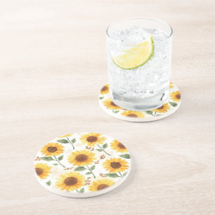 Yellow Sunflowers Watercolor Floral Whimsical Coaster