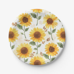 Yellow Sunflowers Watercolor Floral Whimsical Paper Plate