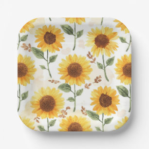 Yellow Sunflowers Watercolor Floral Whimsical Paper Plate