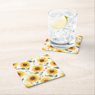 Yellow Sunflowers Watercolor Floral Whimsical Square Paper Coaster