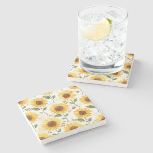 Yellow Sunflowers Watercolor Floral Whimsical Stone Coaster