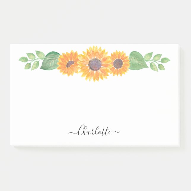 Yellow Sunflowers Watercolor Foliage Personalized Post-it Notes (Front)