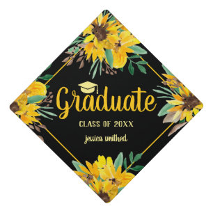 Yellow sunflowers watercolor script chic graduate graduation cap topper