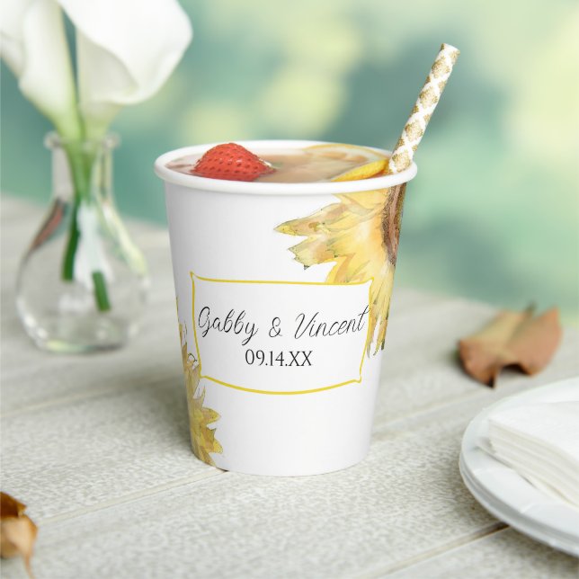 Yellow Sunflowers Watercolor Wedding Paper Cups (Insitu)