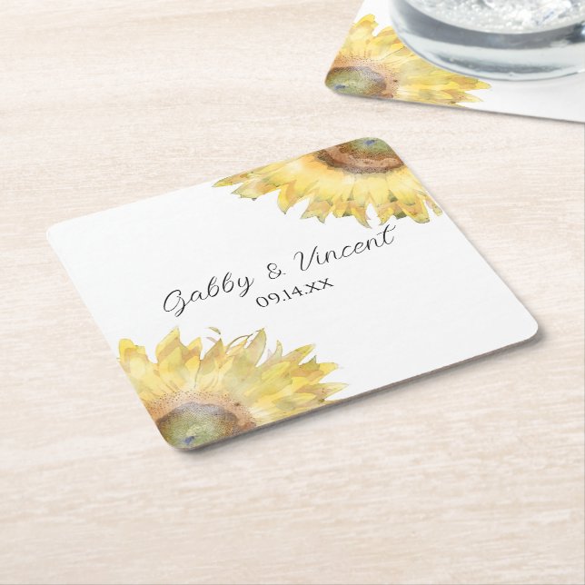 Yellow Sunflowers Watercolor Wedding Square Paper Coaster (Angled)