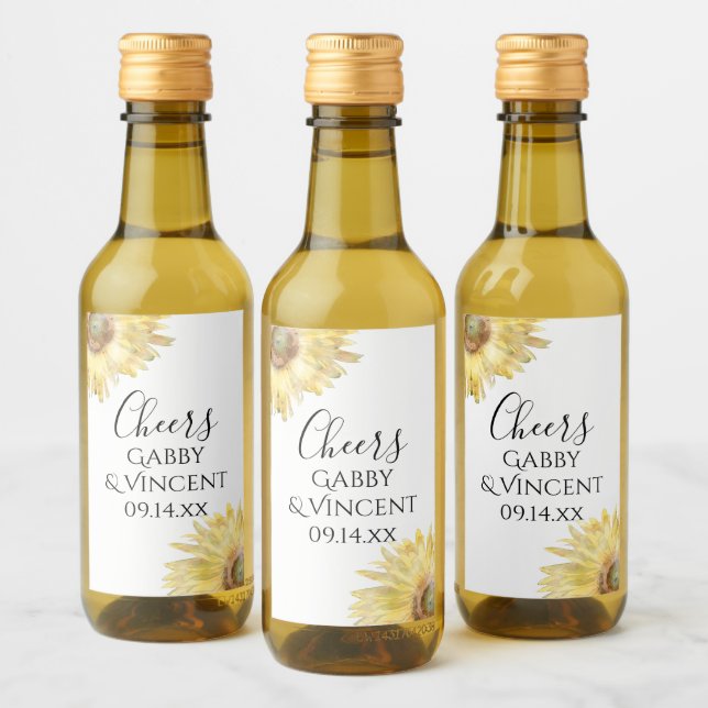 Yellow Sunflowers Watercolor Wedding Wine Label (Bottles)