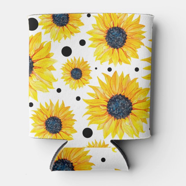Yellow Sunflowers White Background Pattern Can Cooler (Front)
