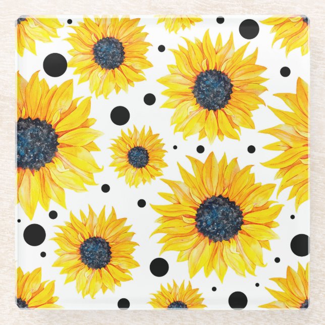 Yellow Sunflowers White Background Pattern Glass Coaster (Front)