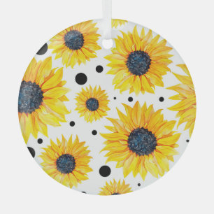 Yellow Sunflowers White Background Pattern Glass Ornament