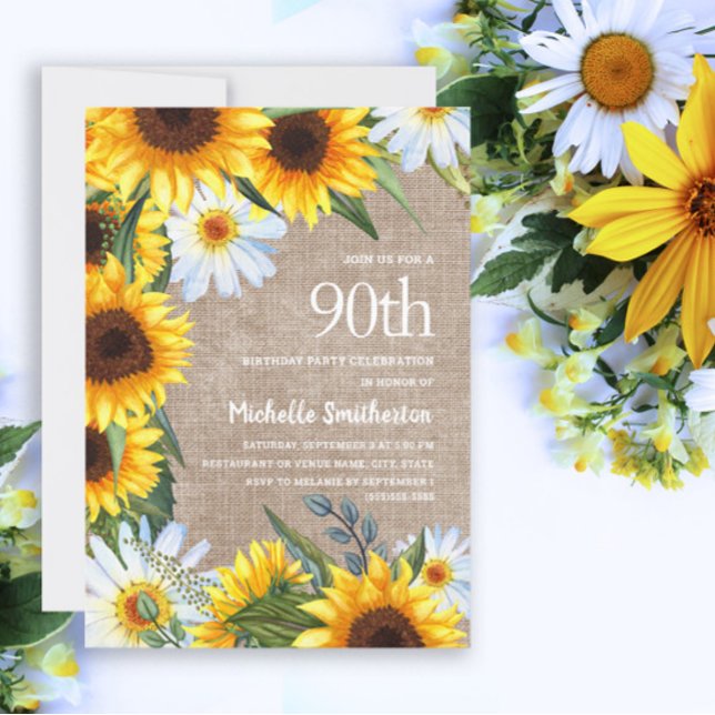 Yellow Sunflowers White Daisies 90th Birthday Invitation (Creator Uploaded)