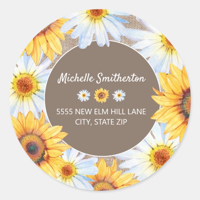 Yellow Sunflowers White Daisies Burlap Address Classic Round Sticker (Front)