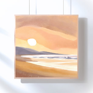 Yellow Sunset Shore Watercolor Airy Painting Poster