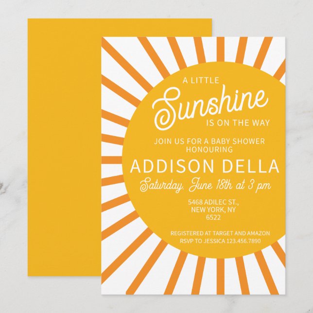 Yellow Sunshine Baby Shower Invitation (Front/Back)